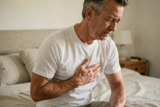 Homme d'âge moyen assis sur un lit tenant son thorax avec une expression douloureuse évoquant une côte fêlée