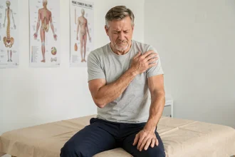 Homme d'âge moyen tenant son épaule douloureuse lors d'une consultation en cabinet de kinésithérapie