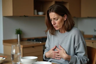 Femme tenant son abdomen supérieur après un repas en raison d'une douleur pancréatique