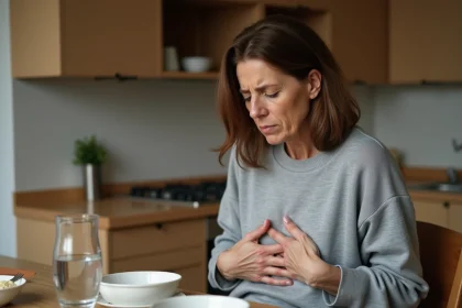 Femme tenant son abdomen supérieur après un repas en raison d'une douleur pancréatique