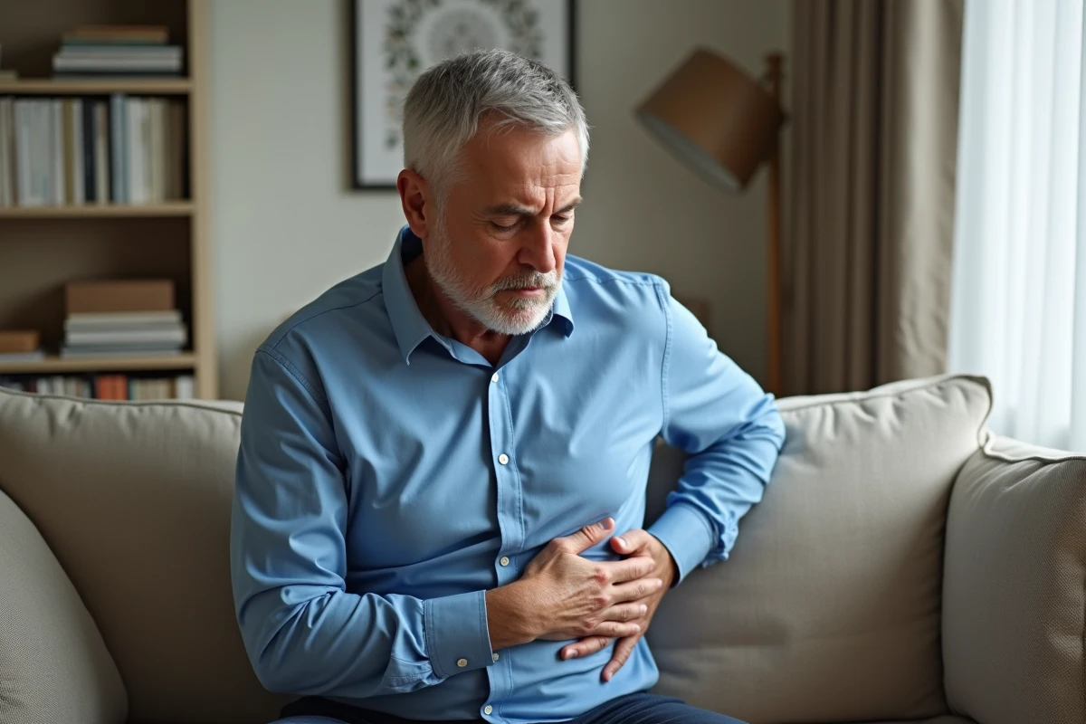 Homme souffrant d'une douleur à l'abdomen supérieur gauche après avoir mangé, symptôme du pancréas