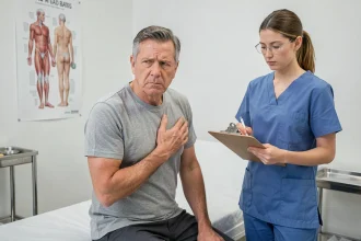 Homme tenant sa poitrine douloureuse lors d'une consultation médicale d'urgence pour côte déplacée