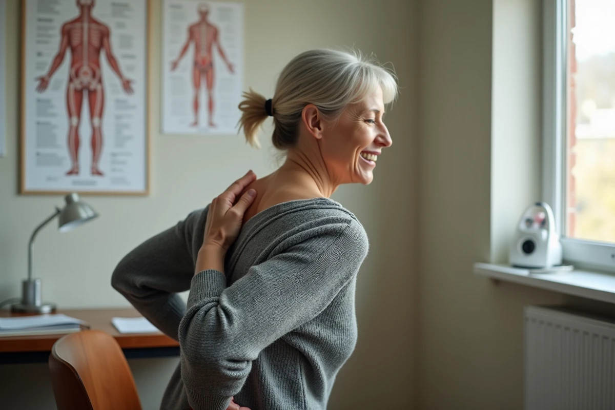 Femme d'âge mûr tenant son trapèze douloureux lors d'une consultation médicale