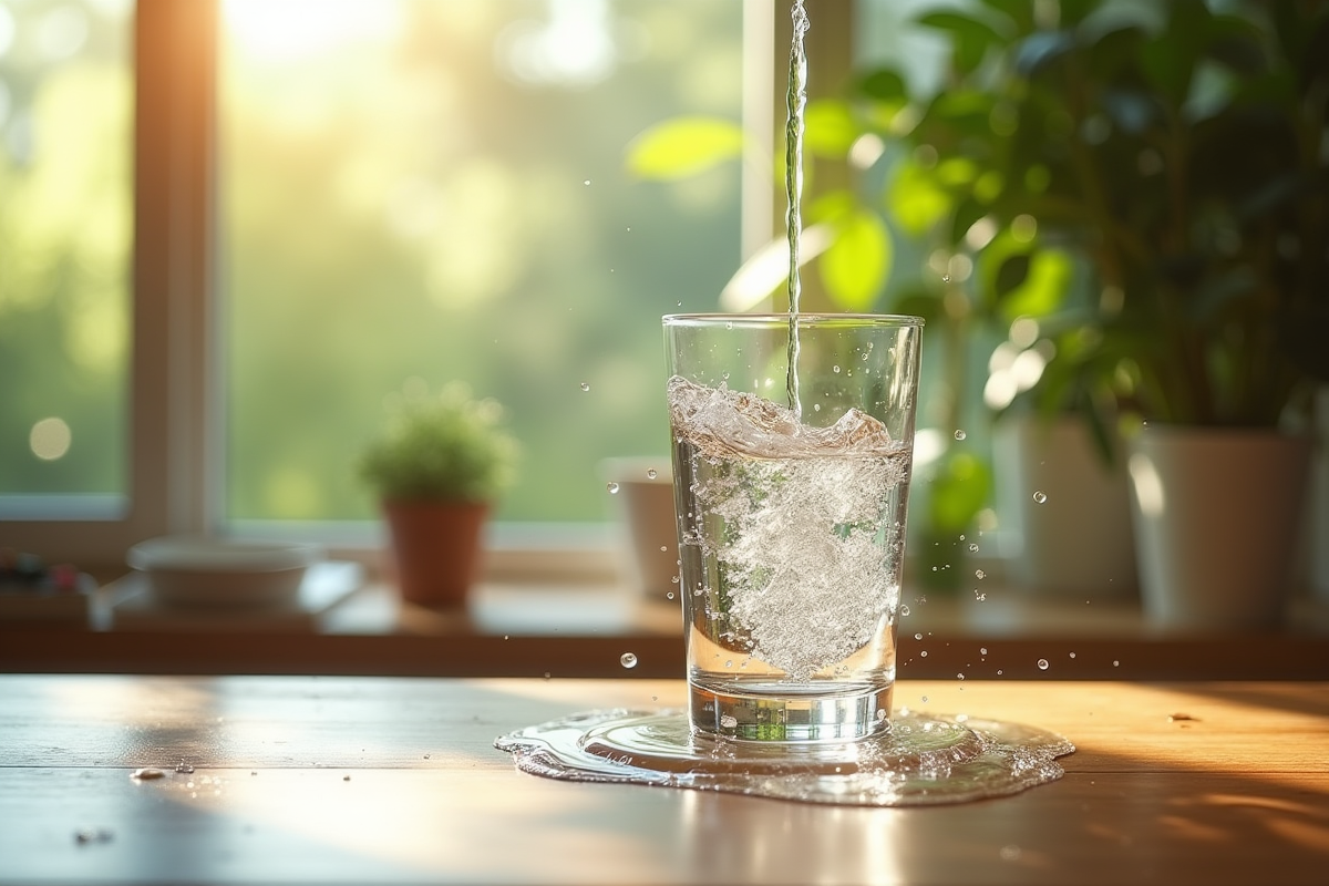 Eau débordante sur une table en bois avec plantes vertes en arrière-plan