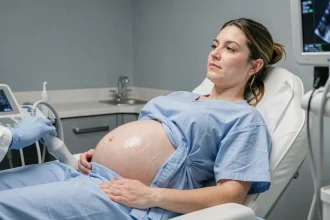 Femme enceinte lors d'une échographie de datation dans une salle d'obstétrique moderne