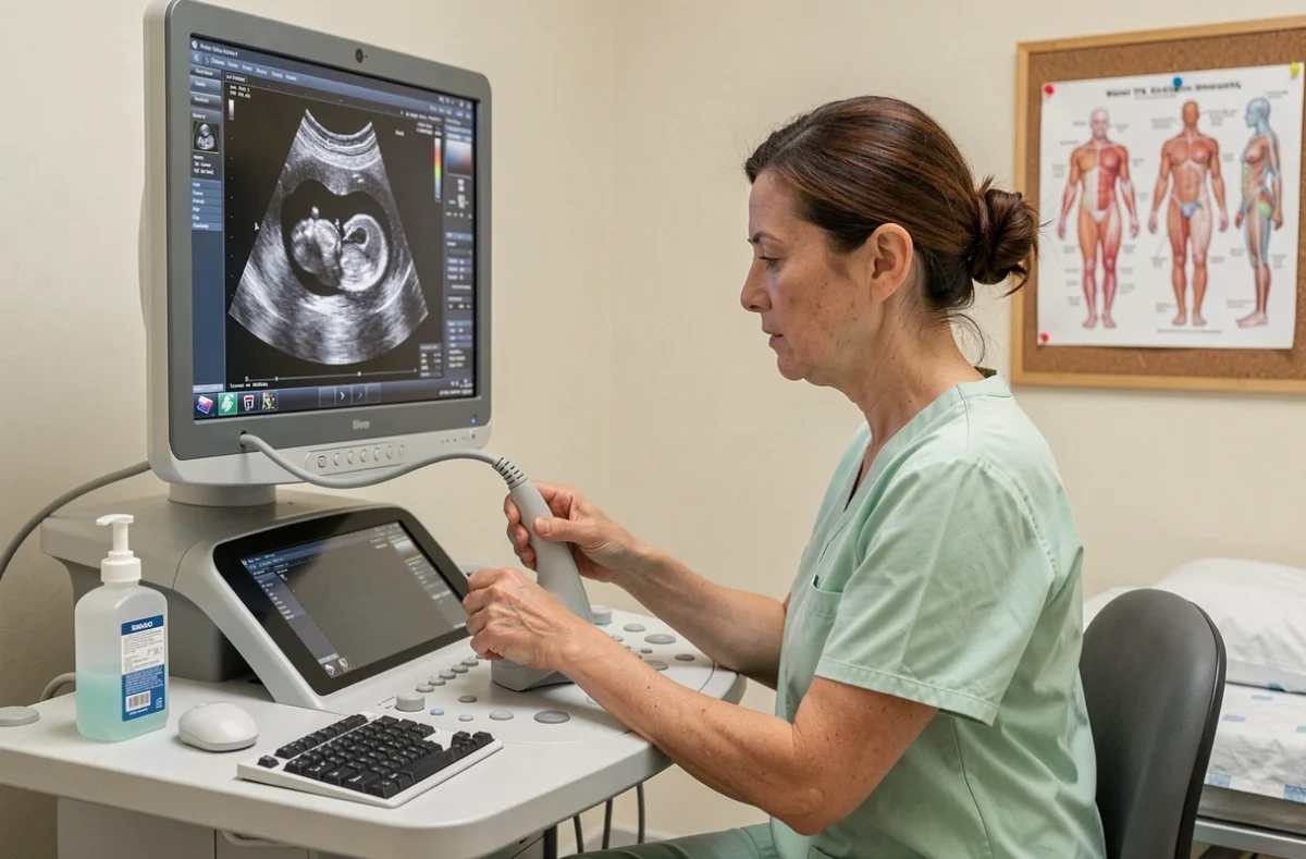 Échographiste analysant une image fœtale sur un écran médical lors d'un examen de datation prénatal