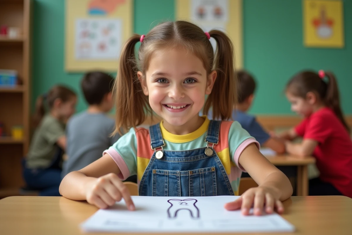 Jeune fille d'école primaire pointant un diagramme dentaire