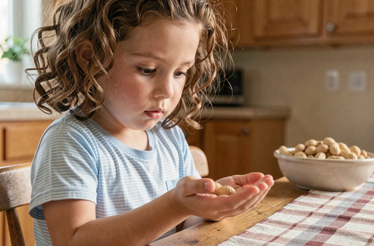 Jeune fille tenant des cacahuètes dans sa main à la table de cuisine, regardant curieusement les arachides