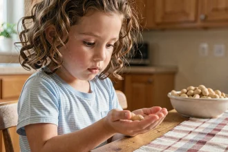 Jeune fille tenant des cacahuètes dans sa main à la table de cuisine, regardant curieusement les arachides