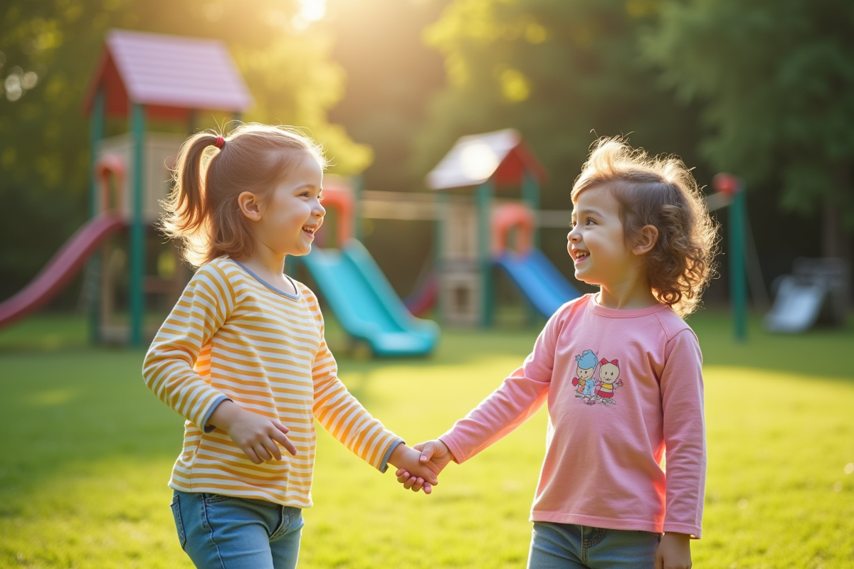 Deux enfants qui rient et se tiennent la main dans un parc ensoleille