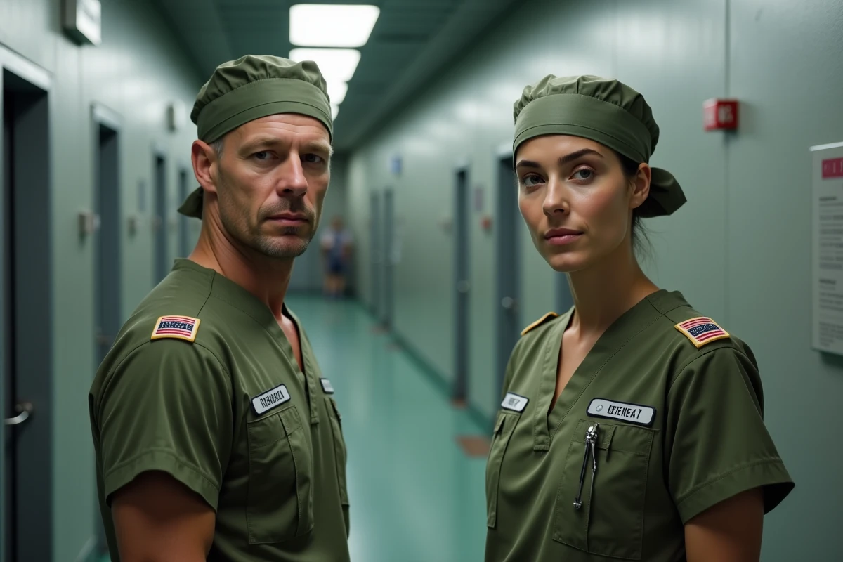Deux chirurgiens militaires en tenue chirurgicale devant l'entrée d'un bloc opératoire d'hôpital de campagne militaire