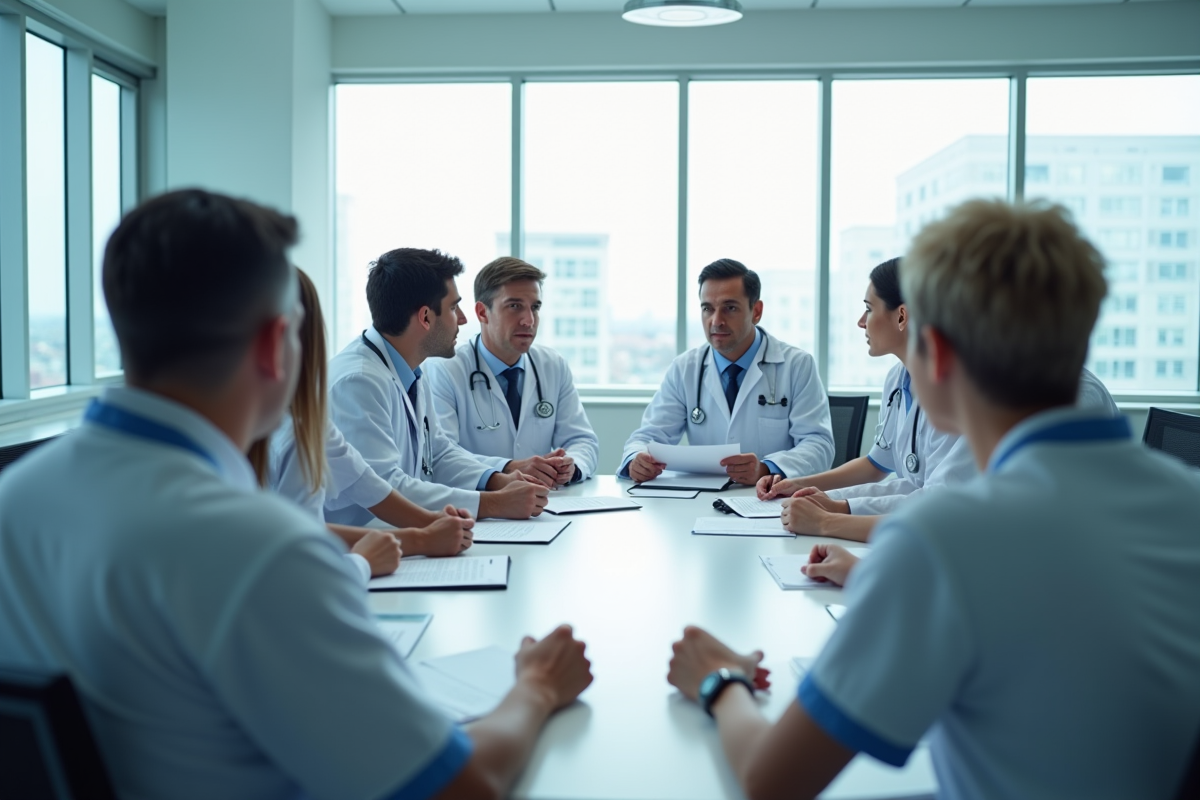 Groupe de médecins et infirmiers en réunion dans un hôpital moderne