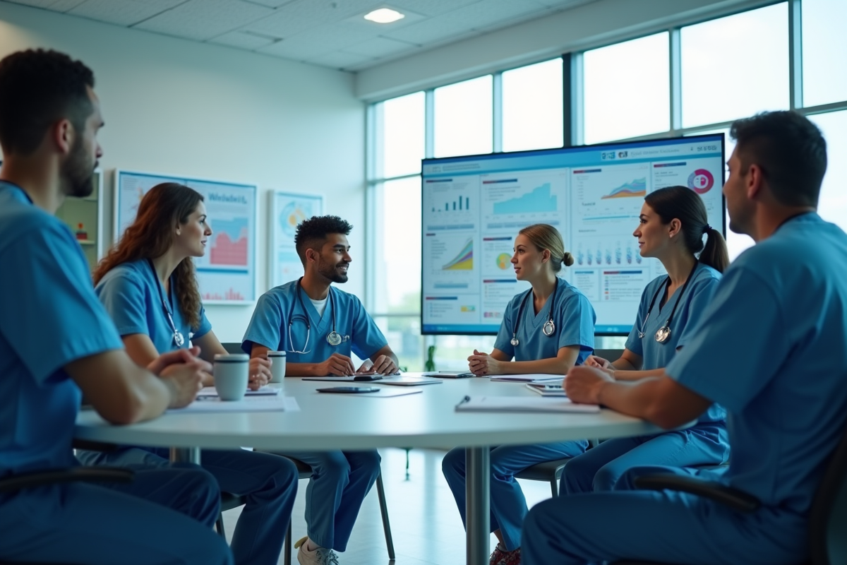 Professionnels de santé discutant dans un hôpital moderne