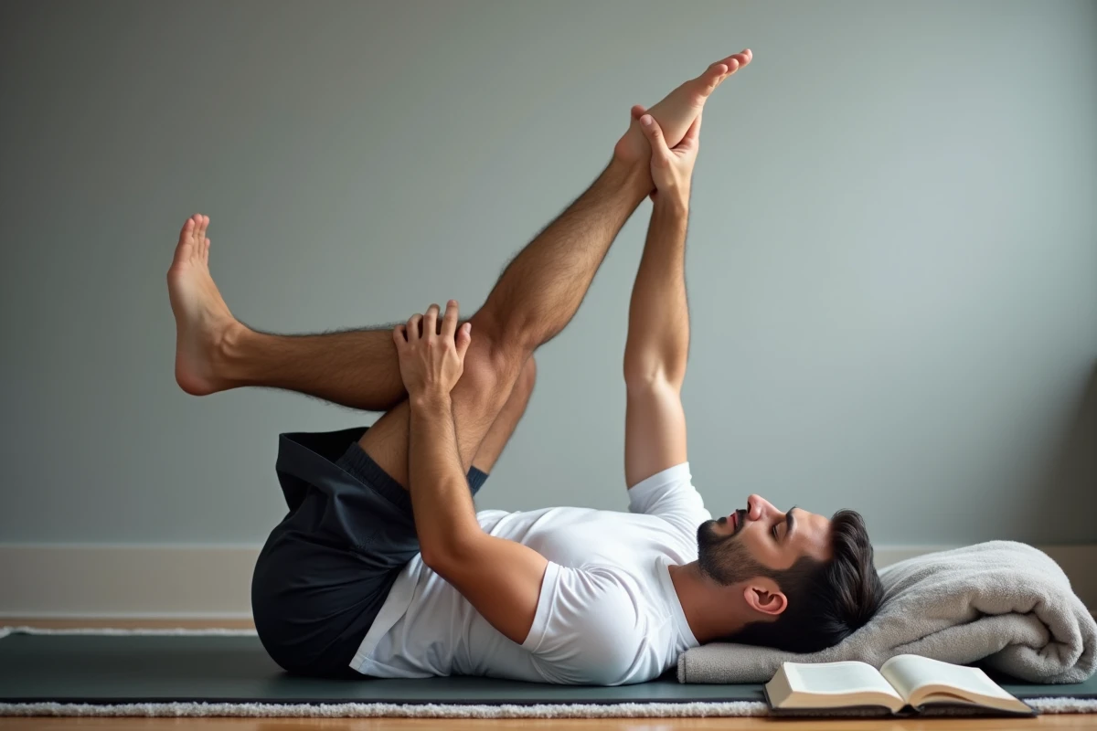 Homme étirant son mollet sur un tapis de yoga la nuit pour soulager une contraction musculaire involontaire