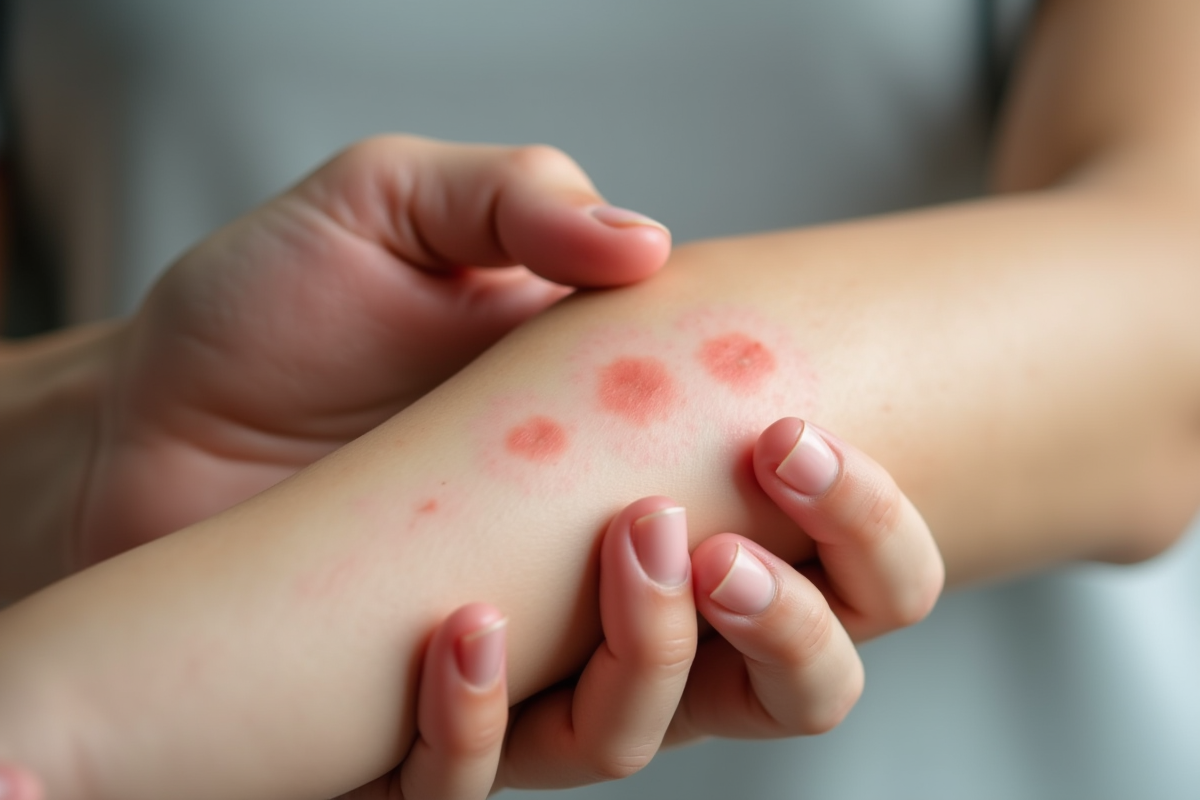 Mains examinant un avant-bras avec petites taches rouges