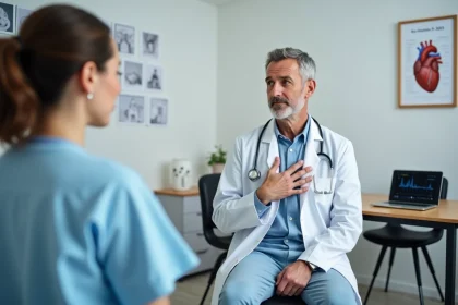 Patient homme consultant un cardiologue au sujet d'extrasystoles liées à l'estomac en cabinet médical
