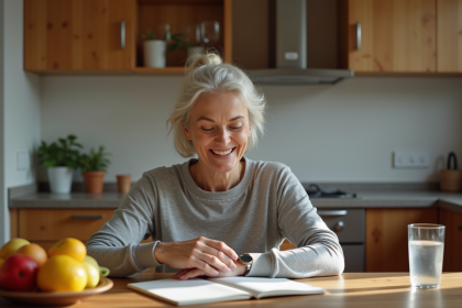 Femme d'&acirc;ge moyen souriante v&eacute;rifiant sa montre &agrave; la maison