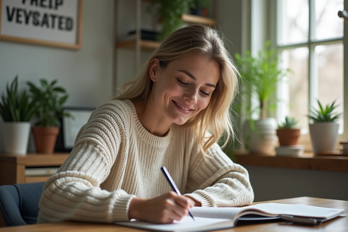 Femme souriante écrivant des affirmations positives dans un carnet