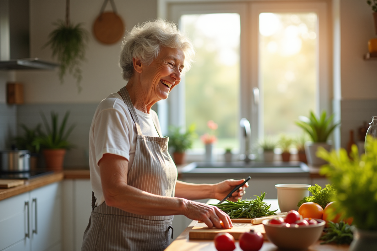 Femme âgée cuisine en autonomie dans une cuisine lumineuse