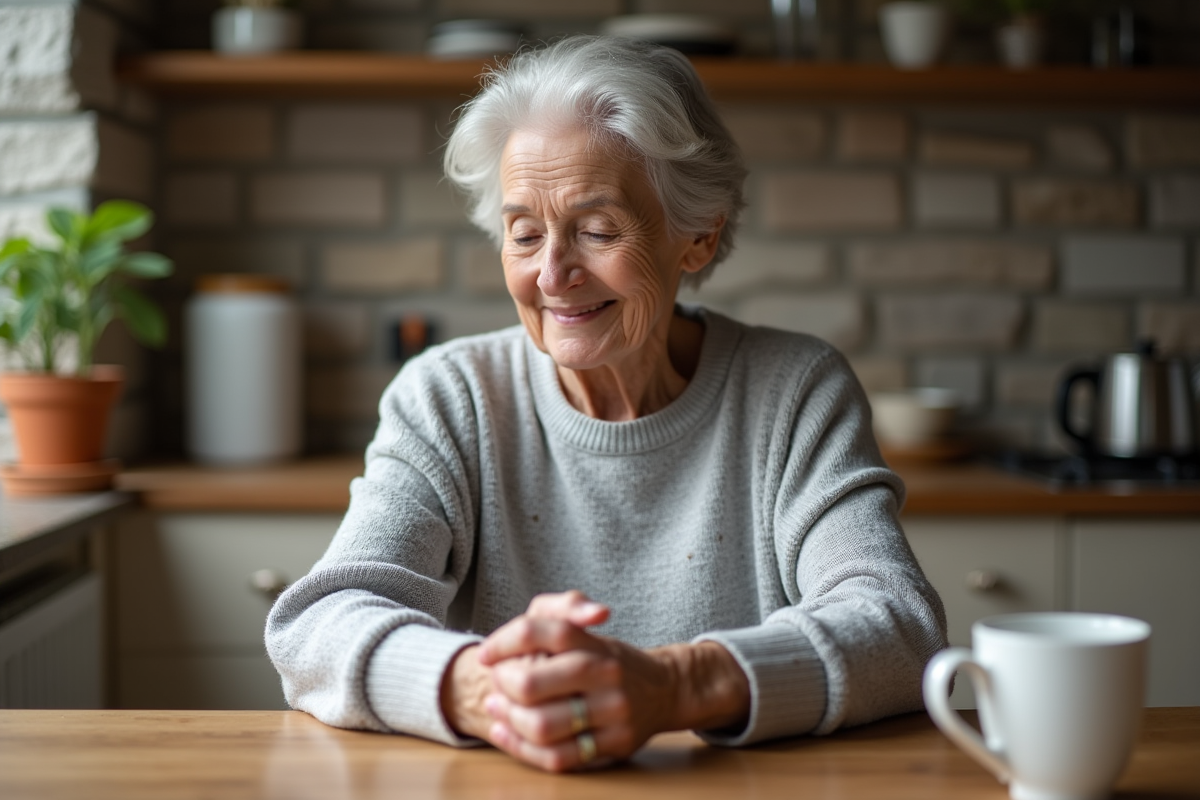 Femme agee se massant les doigts gonflés à la maison