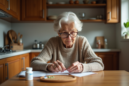 Femme âgée lisant une étiquette de médicament à la maison