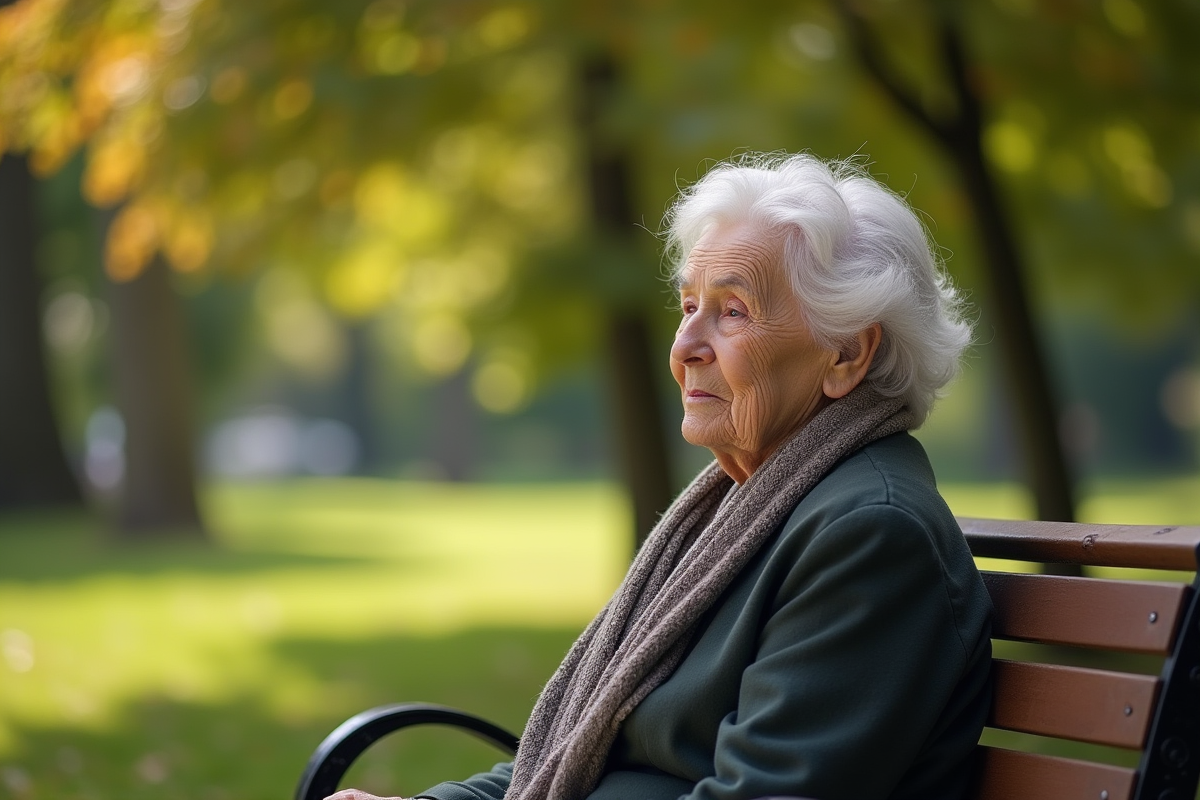 Femme agee assise seul sur un banc dans un parc ensoleille