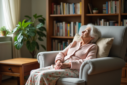 Femme agee reposant paisiblement dans un salon lumineux