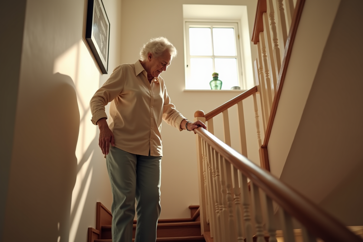 Femme agee descendant un escalier bien eclaire en toute securite
