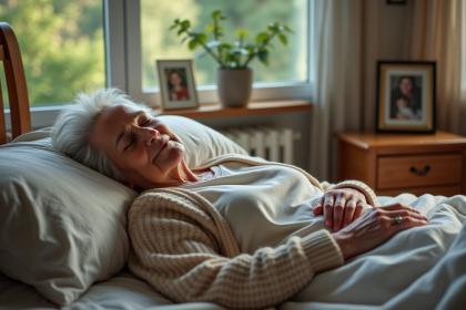 Femme agee dormant paisiblement dans sa chambre confortable