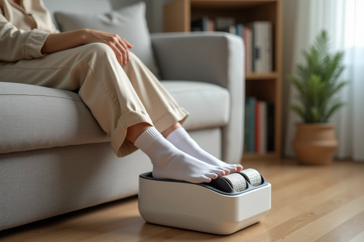 Femme utilisant un appareil de massage des pieds électrique dans son salon, assise sur un canapé gris