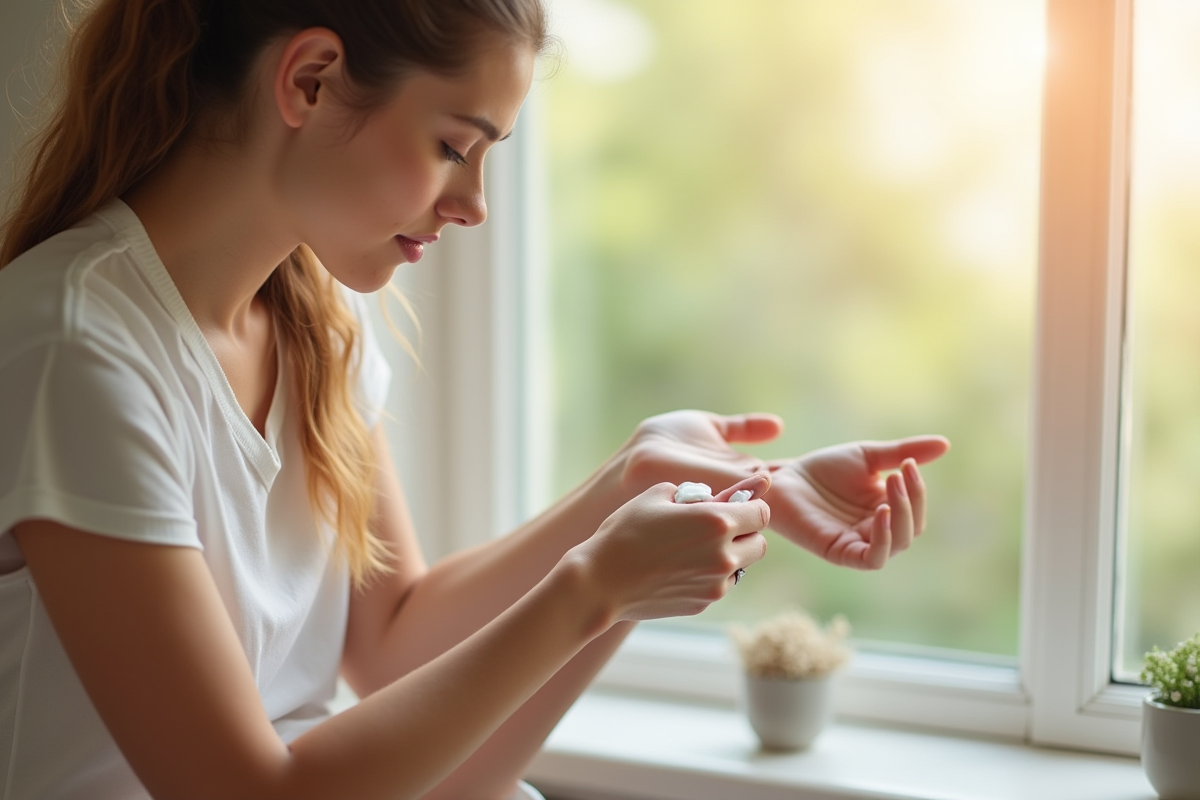 Jeune femme appliquant crème apaisante sur son bras