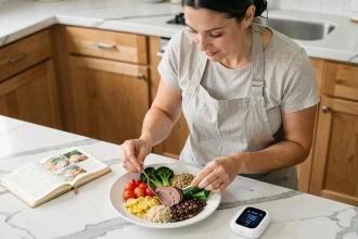 Femme préparant une assiette équilibrée pour contrôler sa glycémie avec un capteur de glucose en arrière-plan