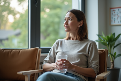 Femme d'âge moyen en salle d'attente après immunothérapie