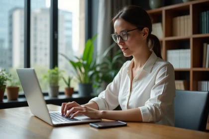 Femme au bureau moderne utilisant son ordinateur portable