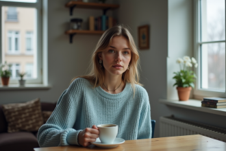Jeune femme pensant en buvant un café dans un appartement cosy
