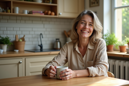 Femme fran&ccedil;aise souriante dans une cuisine lumineuse