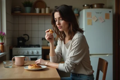 Femme assise &agrave; la cuisine avec un p&acirc;tisserie &agrave; la main