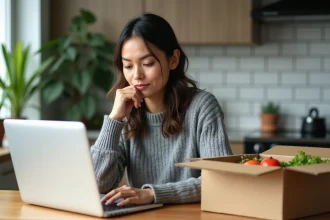 Femme consultant des avis clients en ligne sur une RegimeBox livrée à domicile