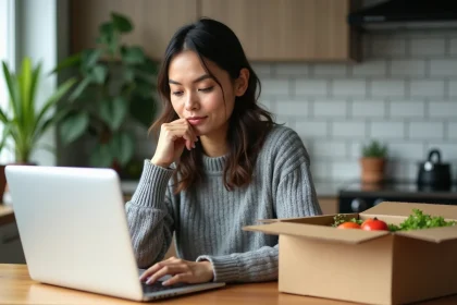 Femme consultant des avis clients en ligne sur une RegimeBox livrée à domicile