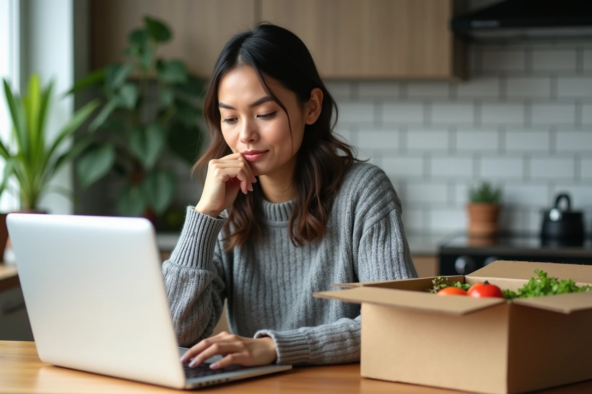 Femme consultant des avis clients en ligne sur une RegimeBox livrée à domicile