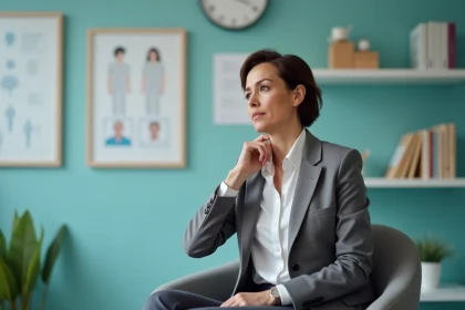 Femme d'&acirc;ge moyen en consultation m&eacute;dicale