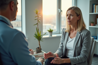 Femme préoccupée en consultation neurologique dans un cabinet