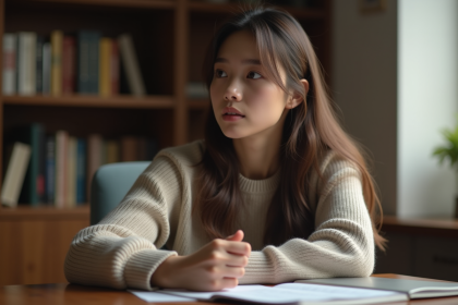 Jeune femme contemplative assise dans un salon cosy