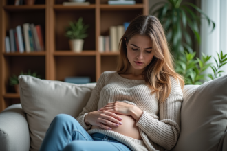 Femme assise sur un canapé dans un salon cosy