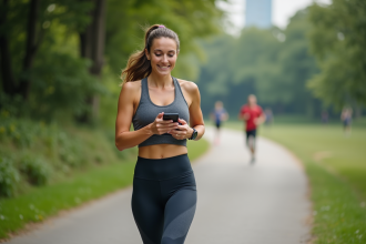 Femme en course vérifiant son appli de calorie en plein air