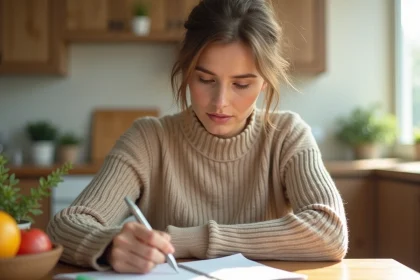 Femme pensant &agrave; un carnet dans une cuisine lumineuse