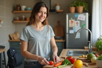 Femme de 38 ans préparant un repas sain dans une cuisine familiale, illustrant la perte de poids sans sport au quotidien