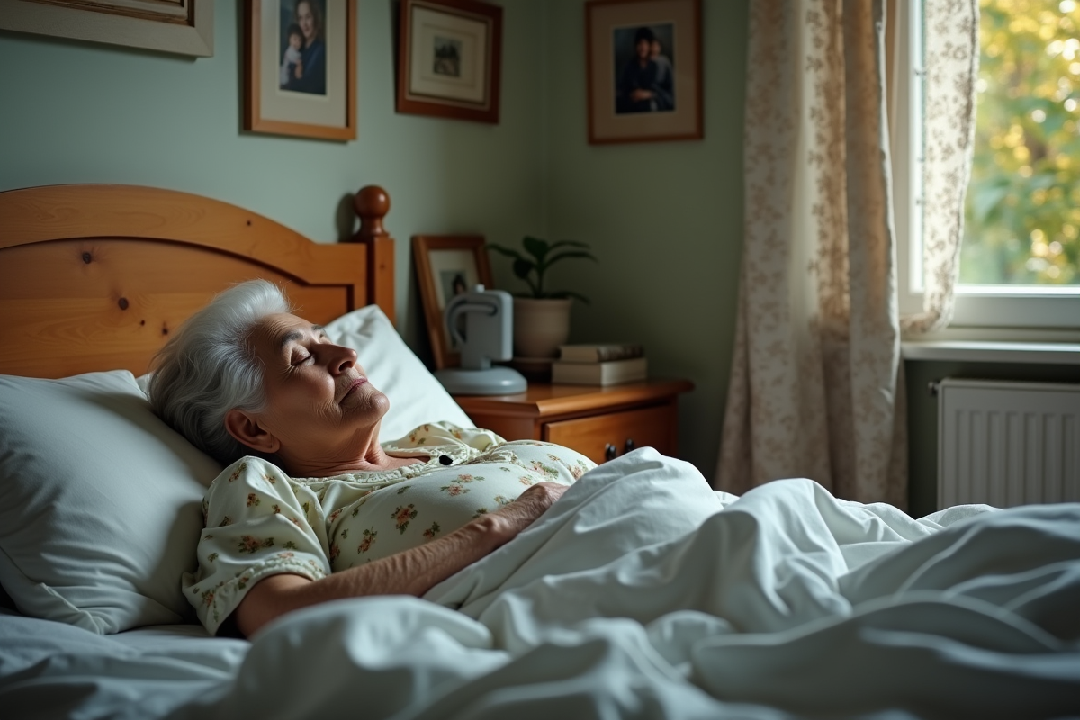 Femme agee dormant dans son lit avec decor de chambre