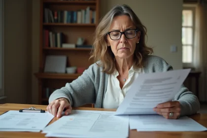 Femme d'âge mûr consultant un dossier administratif MDPH à son domicile, entourée de formulaires et certificats médicaux