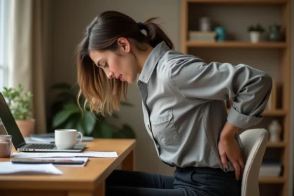 Femme assise à un bureau en bois se tenant le bas du dos côté droit en raison d'une mauvaise posture au travail